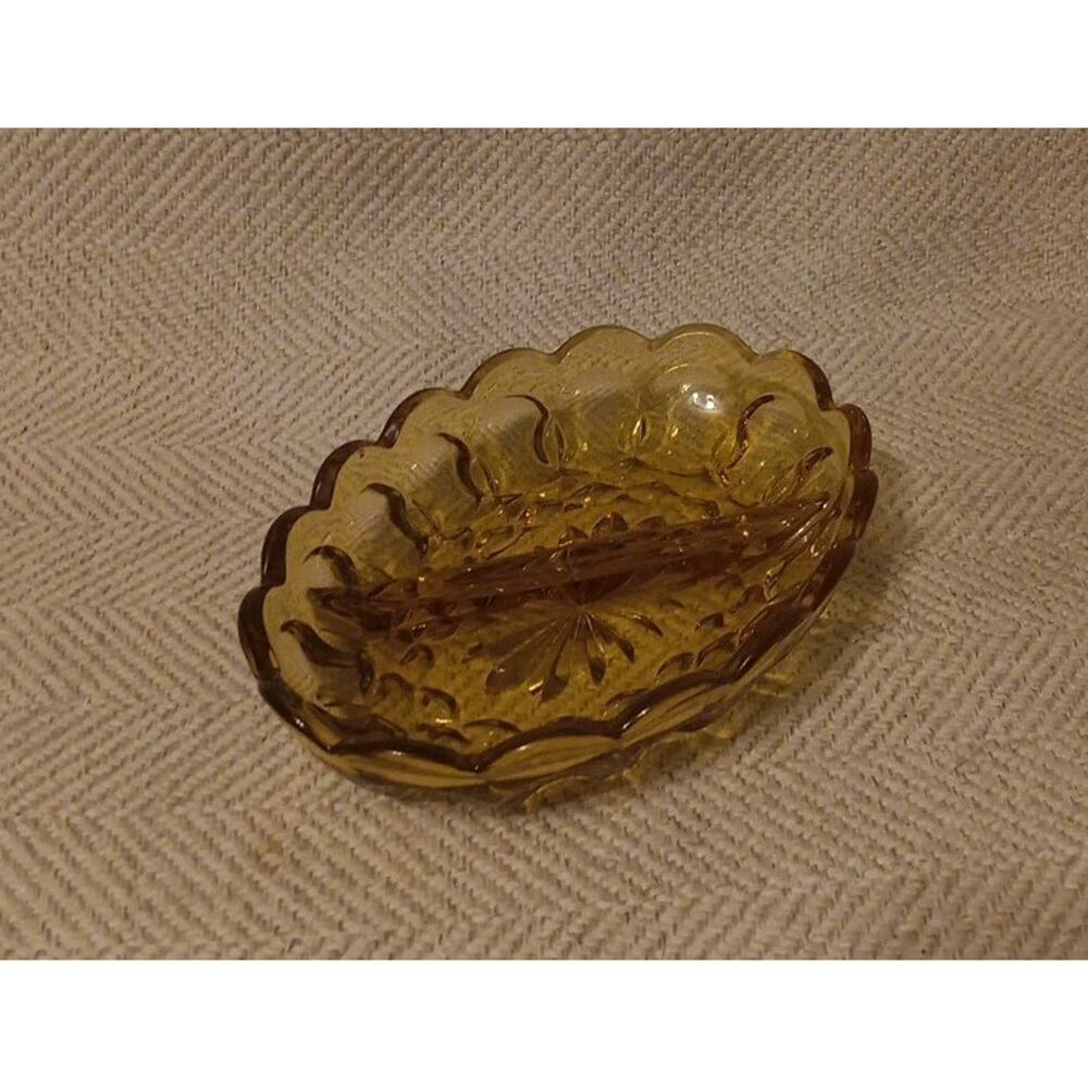 Indiana Amber Glass Thumbprint Divided Oval Pickle Relish Dish 7”L x 5”W Vintage